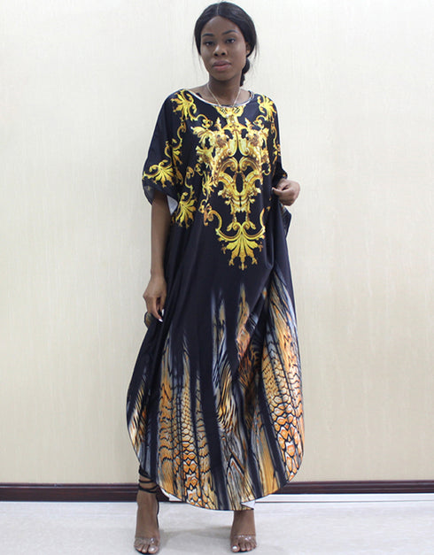 Women's African Print O-Neck Batwing Sleeve Loose Dress with Gold Floral Animal Pattern